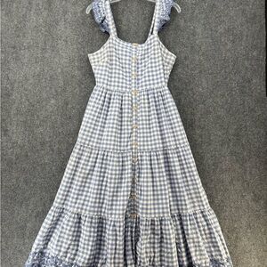 Shabby Chic Blue White Gingham Tiered Dress Women’s 8 Smocked Cottagecore Picnic